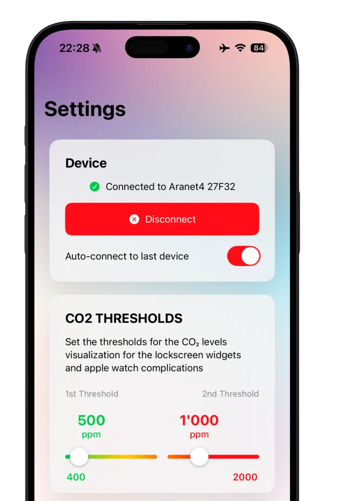 CO2 app settings with an Aranet4 connection and configurable colour thresholds